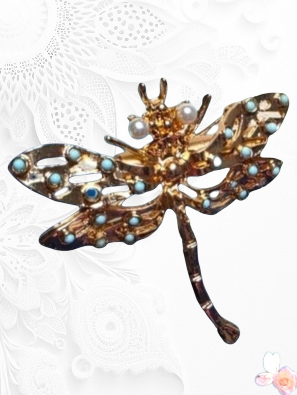 Gold Dragonfly Brooch | Vintage Turquoise & Faux Pearl Pin 71